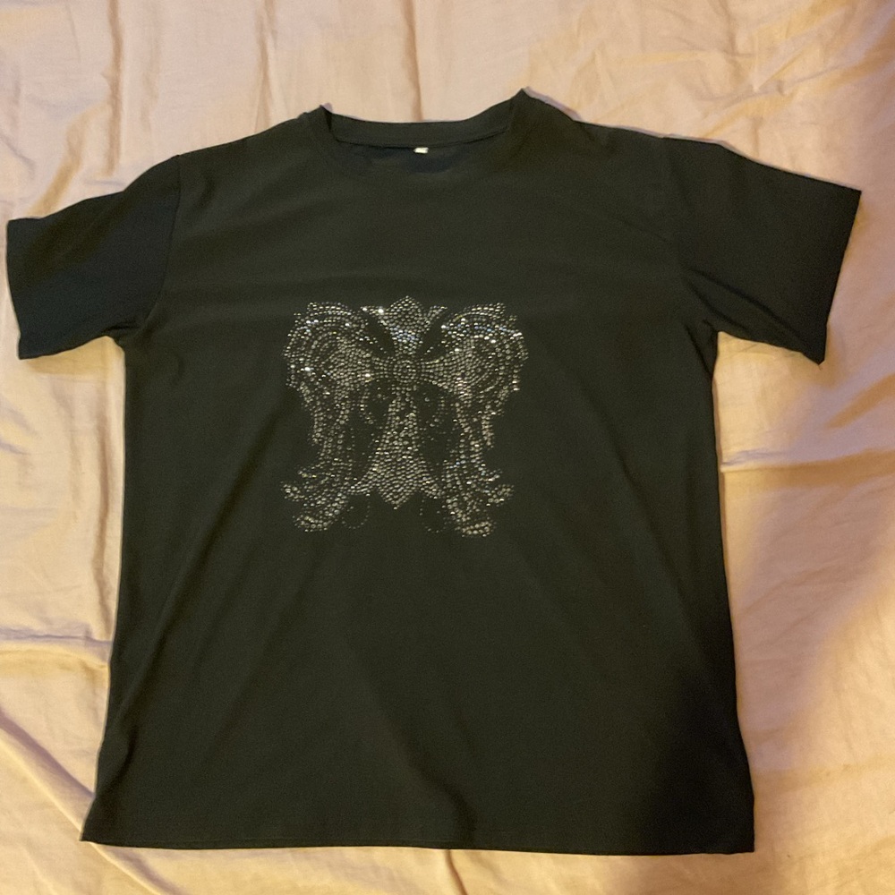 Black T-Shirt with Silver Rhinestone Design